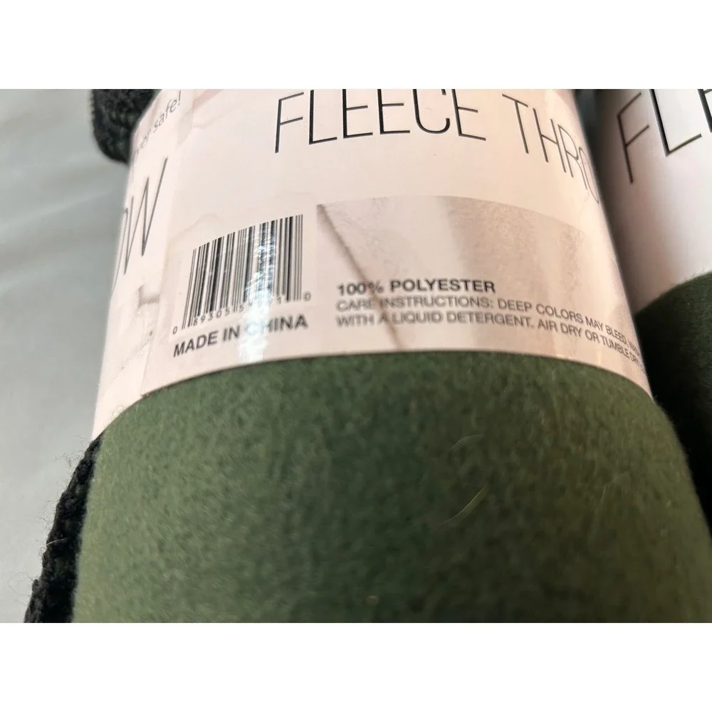 Lot of 2 Olive Green Fleece Throw Blankets 50x60 Whipstitch‎ Edge Soft Warm New